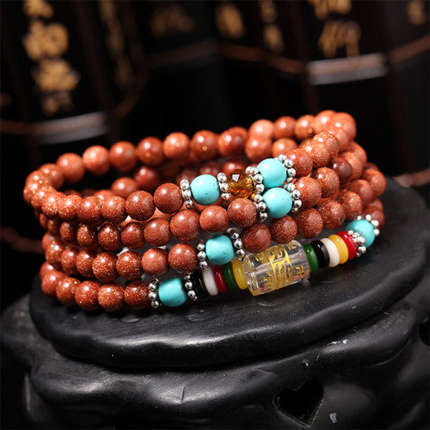 Buddha Stones 108 Mala Beads Goldstone Om Mani Padme Hum Swastika Confidence Bracelet