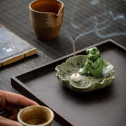Buddha Stones Leaf Meditation Frog Pattern Healing Ceramic Incense Burner Decoration Incense Burner BS 25