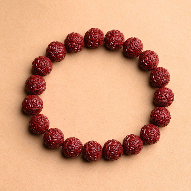 Buddha Stones Natural Cinnabar Om Mani Padme Hum Fret Pattern Lotus Blessing Bracelet Bracelet BS Fret Pattern 10mm(19 Beads)