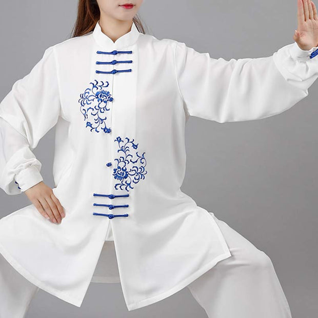 Buddha Stones Flower Embroidery Meditation Prayer Spiritual Zen Tai Chi Qigong Practice Unisex Clothing Set Clothes BS 10