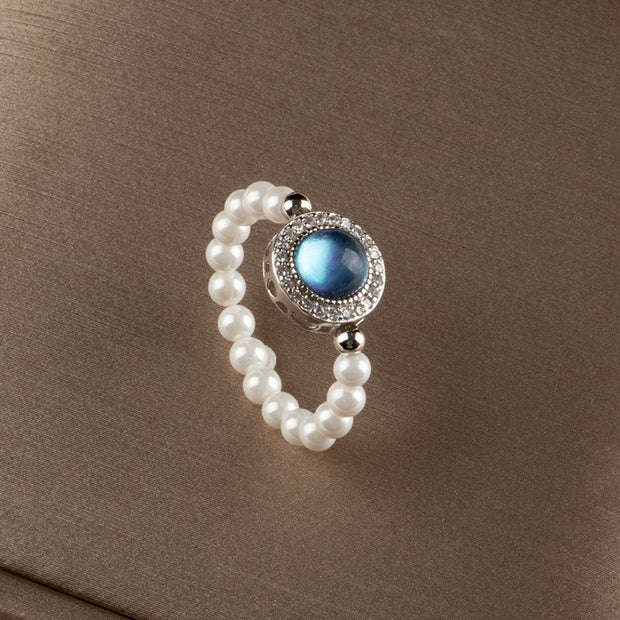 Buddha Stones 925 Sterling Silver Pearl Blue Chalcedony Healing Chain Bracelet Ring Bracelet BS 7