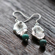 Buddha Stones 925 Sterling Silver Turquoise Lotus Leaf Protection Drop Dangle Earrings Earrings BS 8