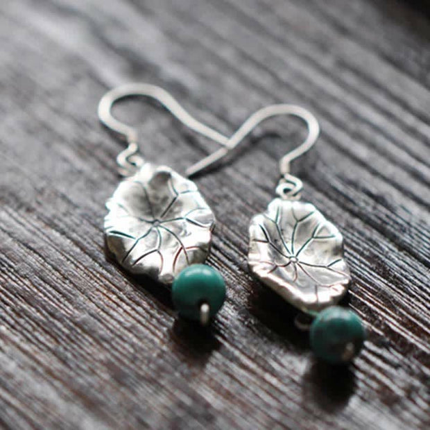 Buddha Stones 925 Sterling Silver Turquoise Lotus Leaf Protection Drop Dangle Earrings Earrings BS 8