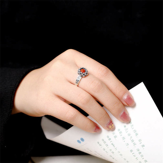 925 Sterling Silver Lotus Red Agate Confidence Blessing Ring (Extra 30% Off | USE CODE: FS30) Ring BS 2