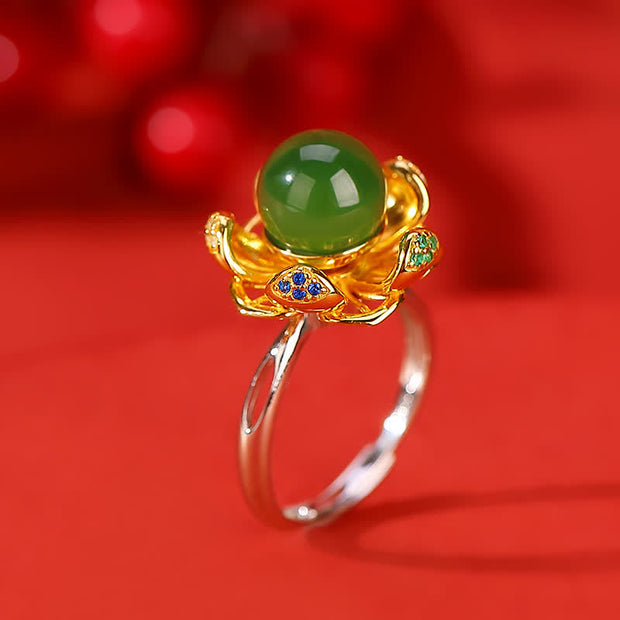 Buddha Stones 925 Sterling Silver White Jade Cyan Jade Lotus Flower Success Ring Ring BS Cyan Jade(Success♥Healing)