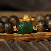 Buddha Stones 999 Gold Brunei Agarwood Cyan Jade Lotus Flower Peace Strength Bracelet Bracelet BS 14