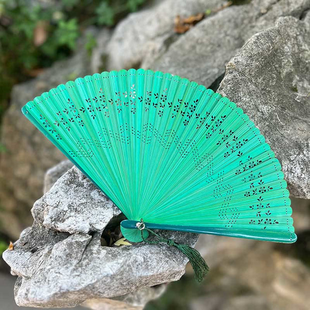 Buddha Stones Dragonfly Floral Hollow Engraved Dog Lotus Leaf Handheld Bamboo Folding Fan