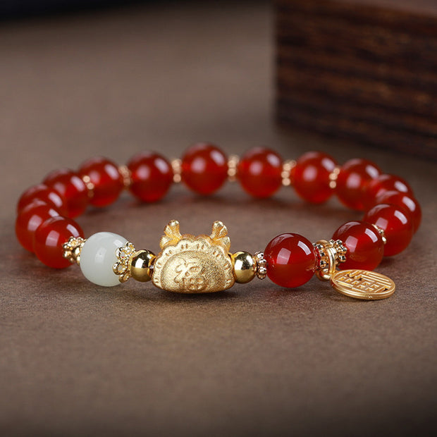 Buddha Stones Year Of The Dragon Red Agate Gray Agate Dumpling Luck Fu Character Bracelet Bracelet BS 1