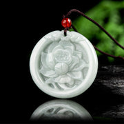 Buddha Stones Natural Jade Lotus Flower Carved Prosperity Necklace Pendant Necklaces & Pendants BS 1