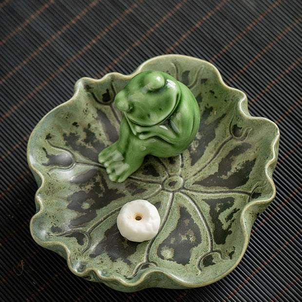 Buddha Stones Leaf Meditation Frog Pattern Healing Ceramic Incense Burner Decoration Incense Burner BS 23