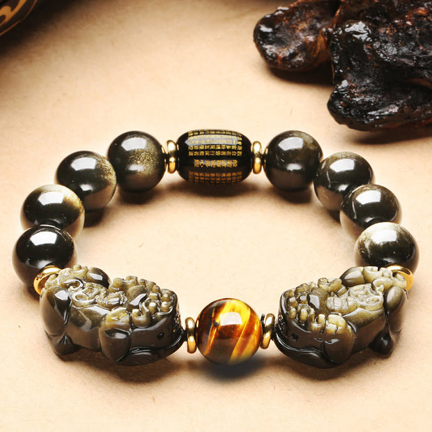Buddha Stones Tibetan FengShui PiXiu Gold Sheen Obsidian Bracelet Bracelet BS Double-16mm
