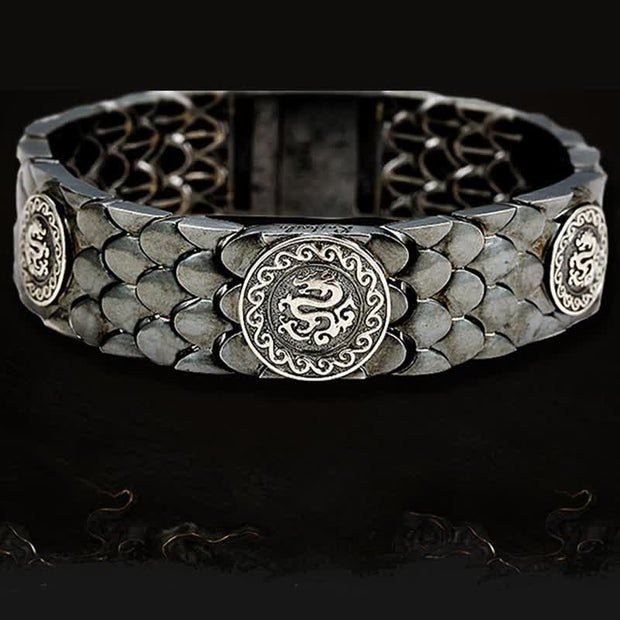 Buddha Stones 925 Sterling Silver Dragon Scales Luck Success Bracelet Bangle