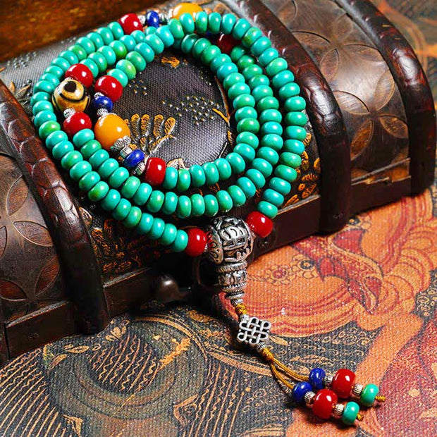 Buddha Stones 108 Mala Beads Tibetan Turquoise Dzi Bead Protection Bracelet Mala Bracelet BS 1