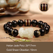 Buddha Stones Natural Gold Sheen Obsidian Hetian Cyan Jade White Jade PiXiu Wealth Bracelet Bracelet BS Gold Sheen Obsidian White Jade Pixiu 10mm(Women)