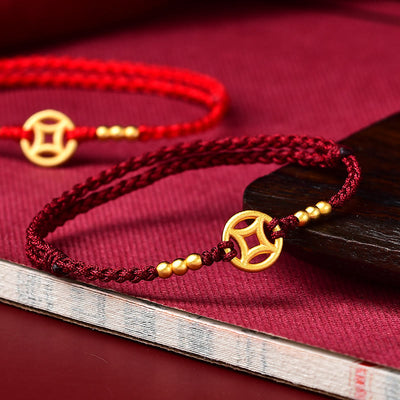 Buddha Stones Copper Coin Strength Braided String Bracelet Anklet Bracelet BS Red Anklet(Anklet Circumference 24cm)