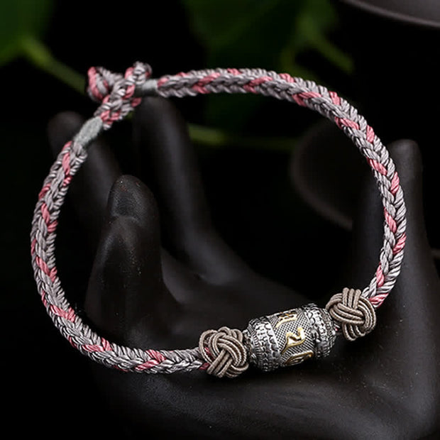Buddha Stones 925 Sterling Silver Om Mani Padme Hum Prayer Wheel Luck Strength Red String Bracelet Bracelet BS 13