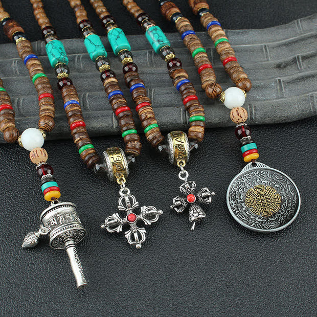 Buddha Stones Tibetan Om Mani Padme Hum Prayer Wheel Rotation Vajra Wood Necklace Pendant Necklaces & Pendants BS 14