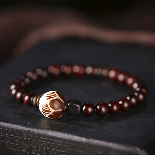 Buddha Stones Small Leaf Red Sandalwood Lotus Bodhi Seed Carved Protection Double Wrap Bracelet Bracelet BS 8