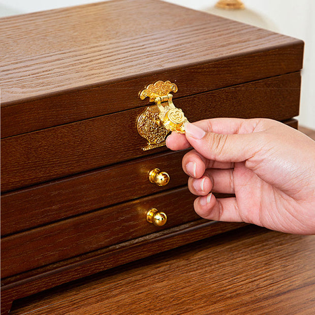Buddha Stones Retro Wooden Jewelry Box Three-Layer Jewelry Storage Box
