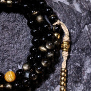 Buddha Stones 108 Mala Beads Gold Sheen Obsidian Tiger Eye Eagle's Eye Stone Wealth Bracelet Mala Bracelet BS 23