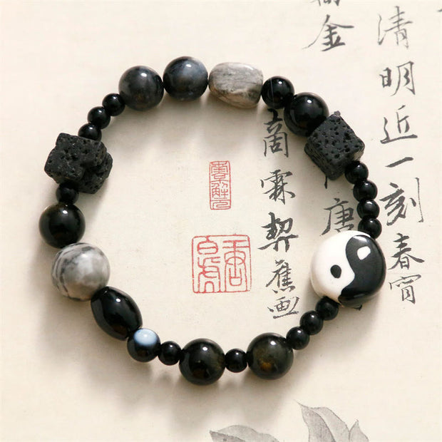 Buddha Stones Black Onyx Picasso Jasper Bead Yin Yang Fortune Protection Bracelet Bracelet BS 1