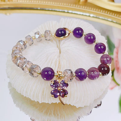 Buddha Stones Amethyst Crystal Four Leaf Clover Healing Charm Bracelet