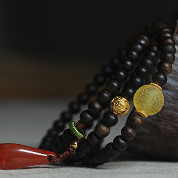 Buddha Stones 999 Gold Nha Trang Heiqinan Agarwood Amber Red Agate Strength Meditation Bracelet Bracelet BS 6