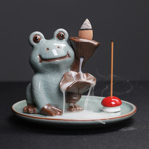 Buddha Stones Meditation Frog Ceramic Lotus Healing Incense Burner Incense Burner BS Lotus Frog