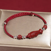 Buddha Stones 925 Sterling Silver Koi Fish Cinnabar Fu Character Copper Coin Wealth Braided Bracelet