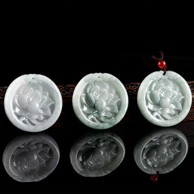 Buddha Stones Natural Jade Lotus Flower Carved Prosperity Necklace Pendant Necklaces & Pendants BS 5
