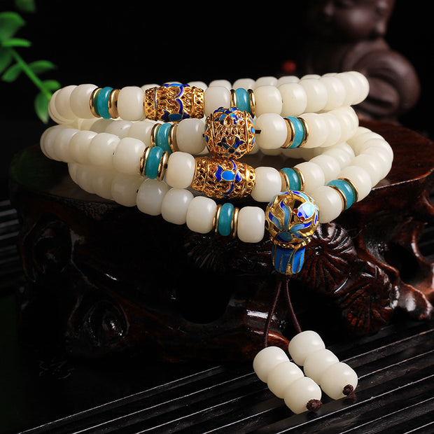 Buddha Stones Natural White Bodhi Seed Mala 108 Beads Wealth Bracelet Bracelet BS 8*10mm