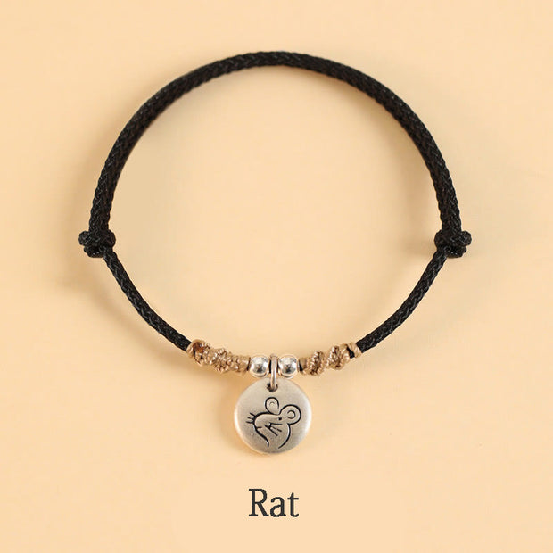 Buddha Stones Handmade 999 Sterling Silver Year of the Dragon Cute Chinese Zodiac Luck Braided Bracelet Bracelet BS Black Rope Rat(Wrist Circumference 14-17cm)