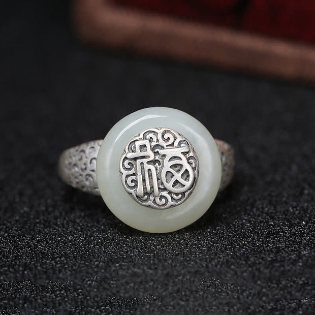 Buddha Stones White Jade Blessing Letter Happiness Adjustable Ring Ring BS 14