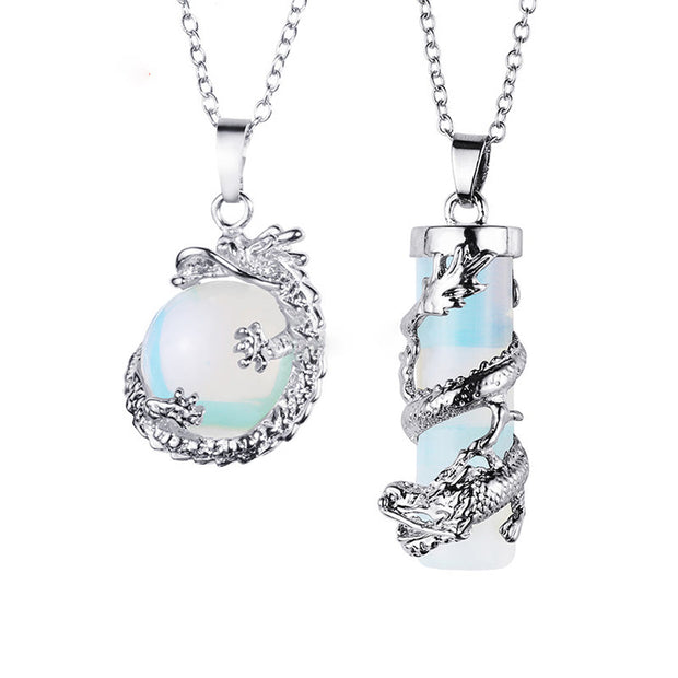 Buddha Stones 2pc Dragon Wrapped Round Ball Gemstone Couple Necklace Pendant Necklaces & Pendants BS Opal