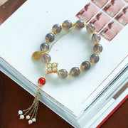 Buddha Stones Natural Gray Agate Fu Character Pearl Tassel Balance Bracelet