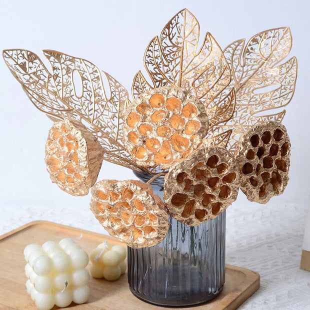 Buddha Stones Gold Dried Lotus Pod Stemmed Plant Table Bouquet Decoration