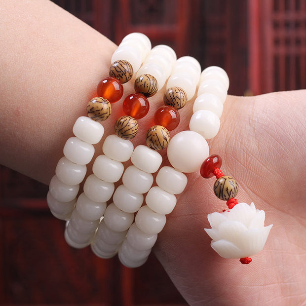 Buddha Stones White Bodhi Seed Mala 108 Beads Luck Bracelet Bracelet BS 3