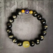 Buddha Stones 925 Sterling Silver Chinese Zodiac Natal Buddha Natural Gold Sheen Obsidian Amber Wealth Protection Bracelet