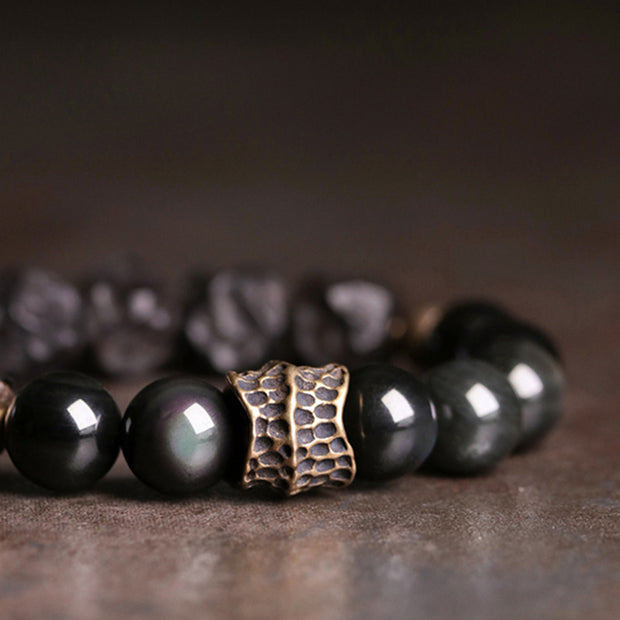 Buddha Stones Black Obsidian Ebony Wood Copper Strength Couple Bracelet Bracelet BS 6