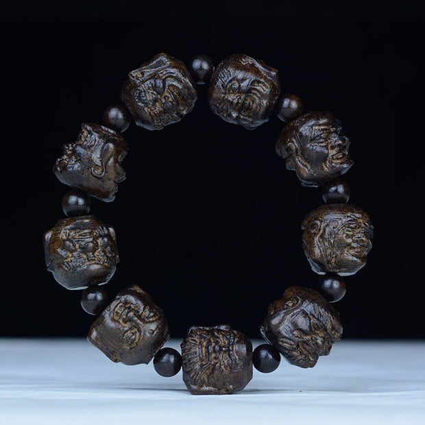 Buddha Stones Ebony Wood Eighteen Arhats Lotus Dragon Engraved Balance Bracelet
