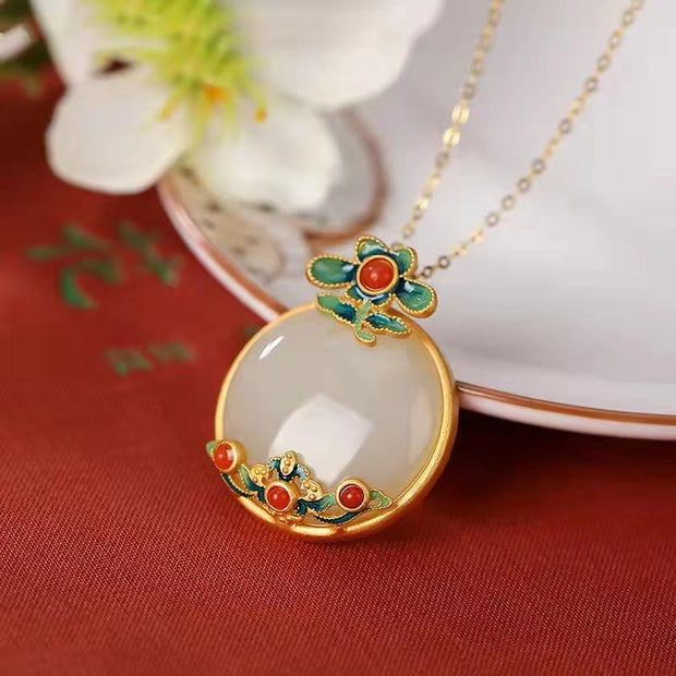 Buddha Stones White Jade Red Agate Flower Blessing Luck Necklace Pendant Necklaces & Pendants BS White Jade(Protection♥Happiness)