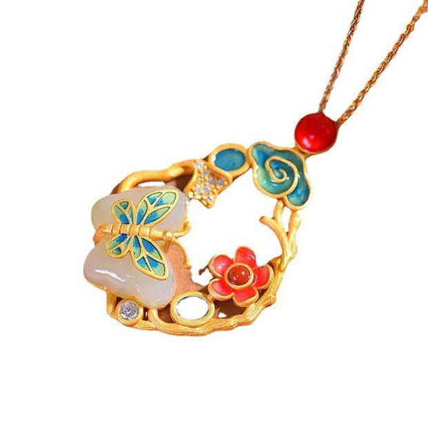 Buddha Stones White Jade Flower Butterfly Happiness Necklace Pendant Necklaces & Pendants BS 7