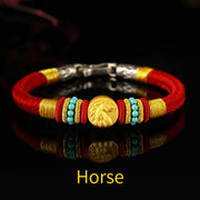 Buddha Stones 999 Gold Chinese Zodiac Om Mani Padme Hum King Kong Knot Protection Handcrafted Bracelet Bracelet BS Horse 19cm