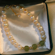 Buddha Stones 14K Gold Plated Natural Pearl Hetian Cyan Jade White Jade Sincerity Bead Chain Bracelet Bracelet BS 3