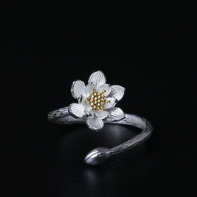 Buddha Stones 925 Sterling Silver Lotus Flower Blessing Ring Ring BS Silver