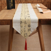 Buddha Stones Classic Chinese Style Lotus Koi Fish Flower Crane Calligraphy Enlightenment Cotton Linen Tassels Table Runner Table Runner BS Beige Yellow Calligraphy 30*180cm