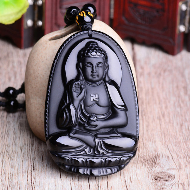 Buddha Stones Chinese Zodiac Obsidian Buddha Amulet Protection Pendant Necklace Necklaces & Pendants BS Dog and Pig