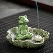 Buddha Stones Leaf Meditation Frog Pattern Healing Ceramic Incense Burner Decoration Incense Burner BS Lotus Leaf Meditation Frog 11.4*7cm