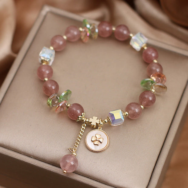 Buddha Stones Strawberry Quartz Lucky Four Leaf Clover Healing Charm Bracelet Bracelet BS 3