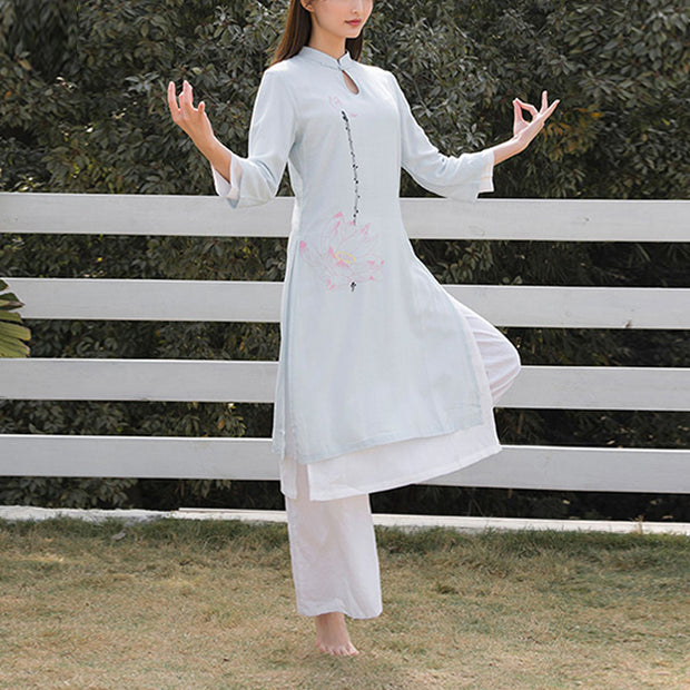 Buddha Stones 2Pcs Lotus Pattern Tai Chi Meditation Yoga Cotton Linen Clothing Top Pants Women's Set Clothes BS 12